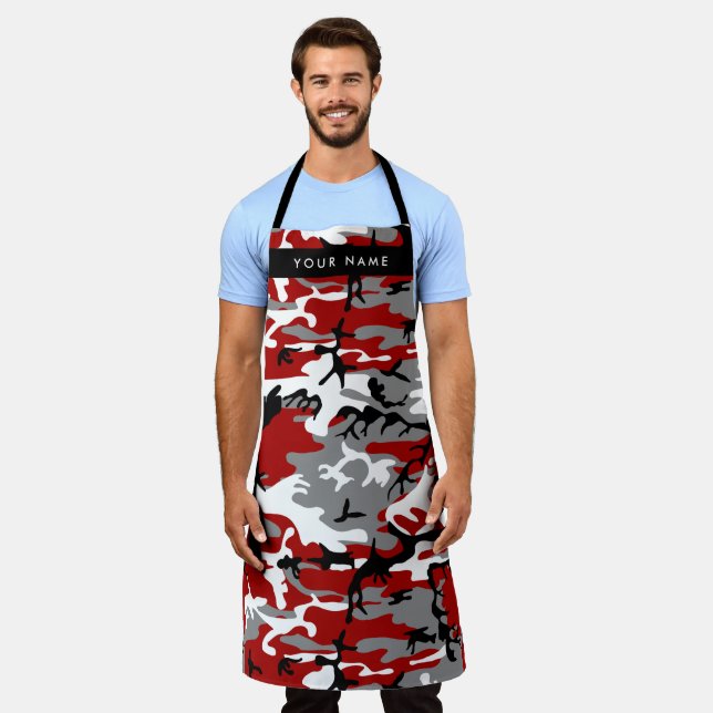 Red and Grey Camouflage Your name Personalise Apron (Worn)