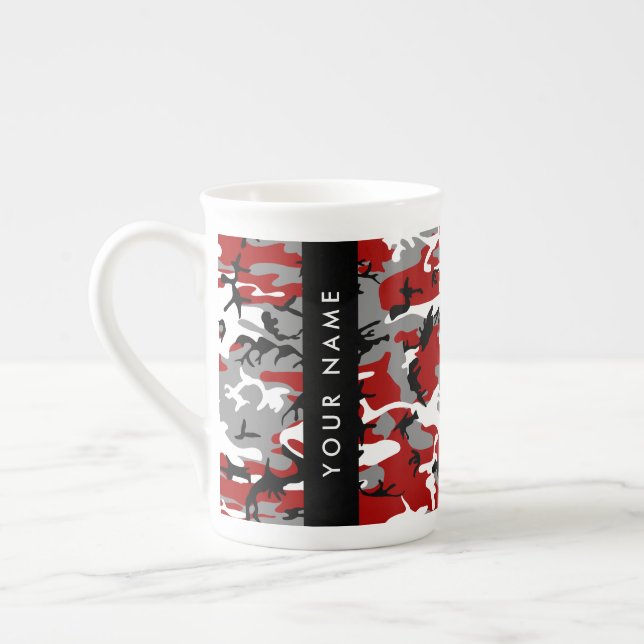 Red and Grey Camouflage Your name Personalise Bone China Mug (Left)