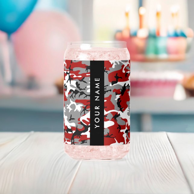 Red and Grey Camouflage Your name Personalise Can Glass (Insitu (Baby Shower))