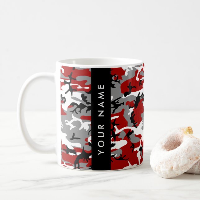 Red and Grey Camouflage Your name Personalise Coffee Mug (With Donut)