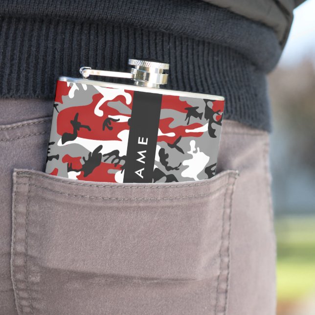 Red and Grey Camouflage Your name Personalise Hip Flask (In Situ)