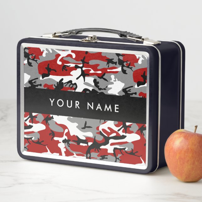 Red and Grey Camouflage Your name Personalise Metal Lunch Box (In Situ)