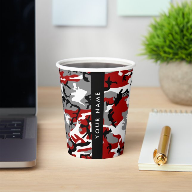 Red and Grey Camouflage Your name Personalise Paper Cups (Insitu)