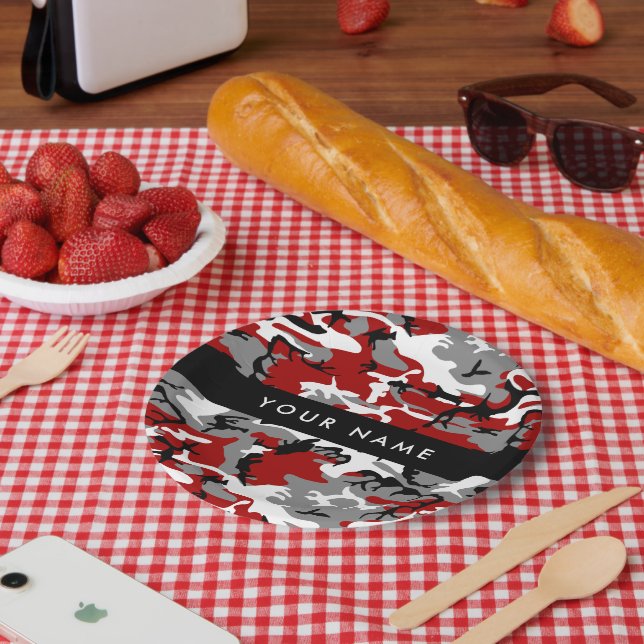 Red and Grey Camouflage Your name Personalise Paper Plate (Picnic)
