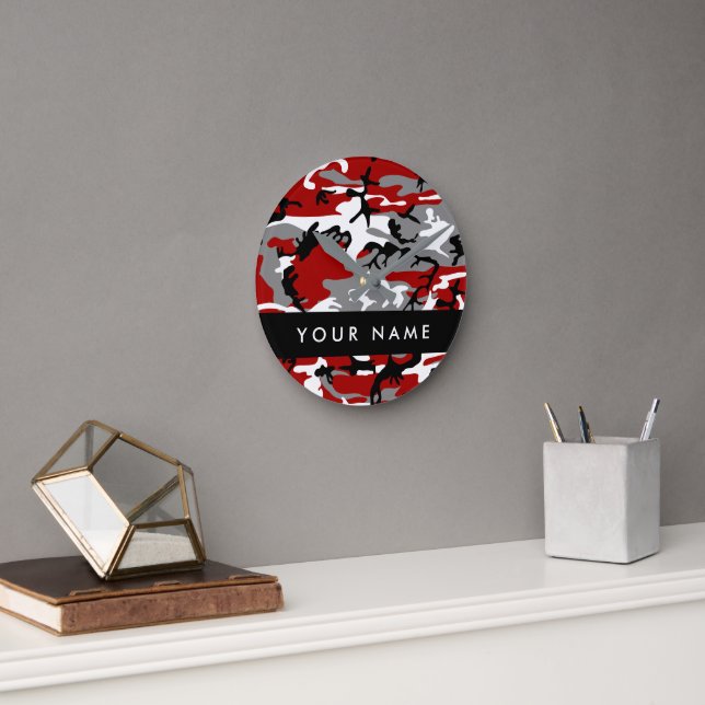 Red and Grey Camouflage Your name Personalise Round Clock (Office)