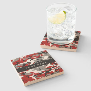 Red and Grey Camouflage Your name Personalise Stone Coaster