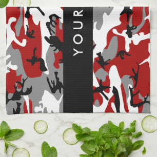 Red and Grey Camouflage Your name Personalise Tea Towel