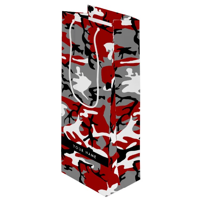 Red and Grey Camouflage Your name Personalise Wine Gift Bag (Front Angled)