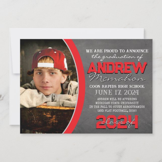 Red and Grey Chalkboard Graduation Announcement (Front)