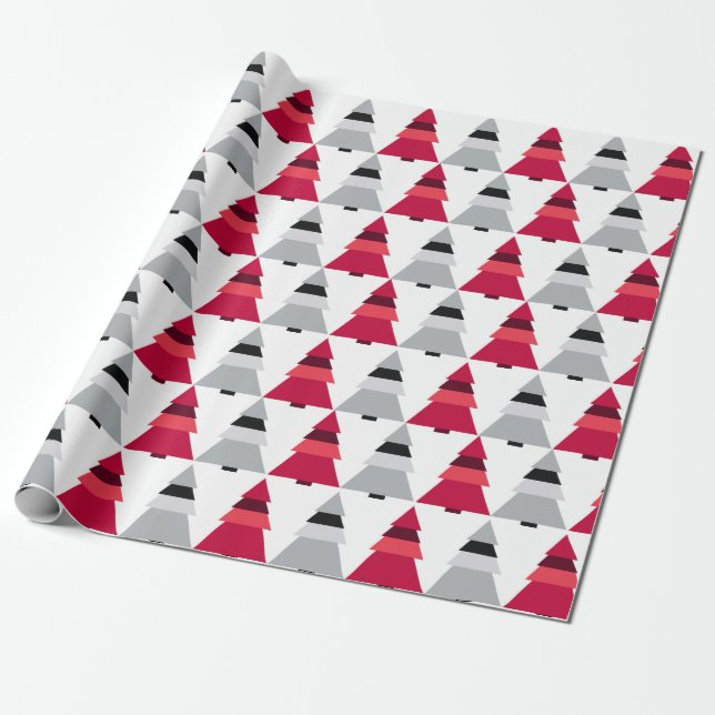 Red and Grey Christmas Trees Gift Wrapping Paper (Unrolled)
