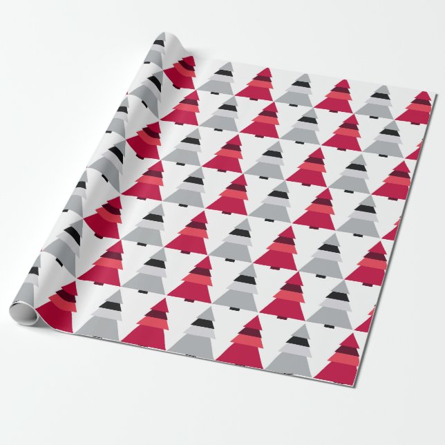 Red and Grey Christmas Trees Gift Wrapping Paper (Unrolled)