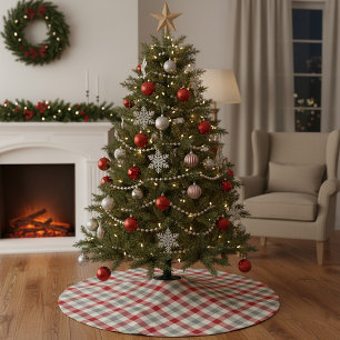 Red and grey farm style plaid brushed polyester tree skirt