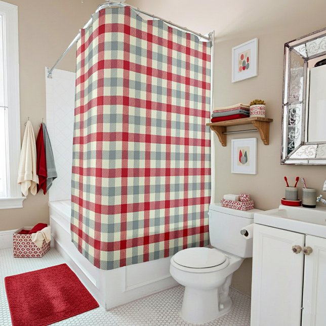 Red and grey farm style plaid shower curtain (Creator Uploaded)
