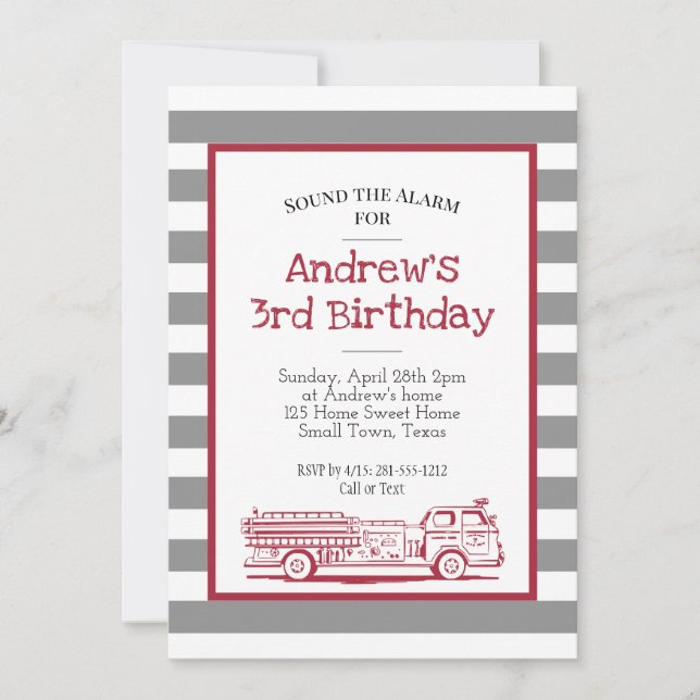Red and Grey Fire Truck Birthday Invitation (Front)