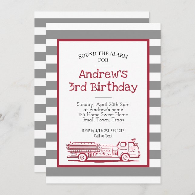 Red and Grey Fire Truck Invitation (Front/Back)