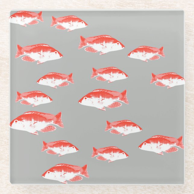 Red and grey fish glass coaster (Front)