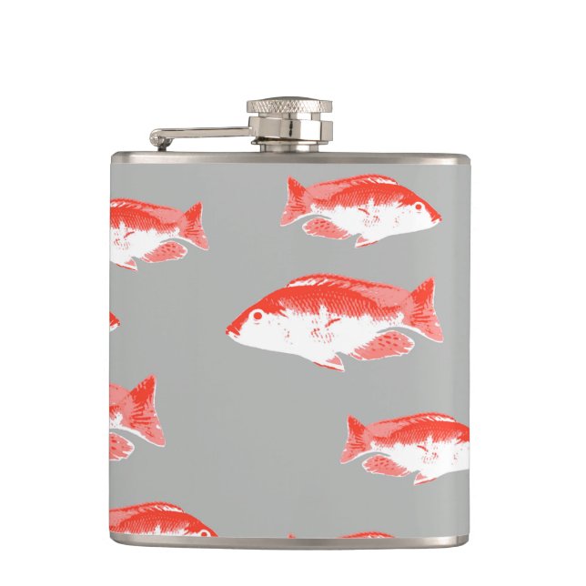 Red and grey fish hip flask (Front)