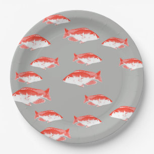 Red and grey fish paper plate