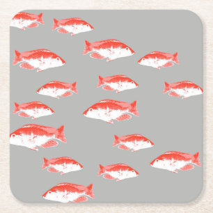 Red and grey fish square paper coaster