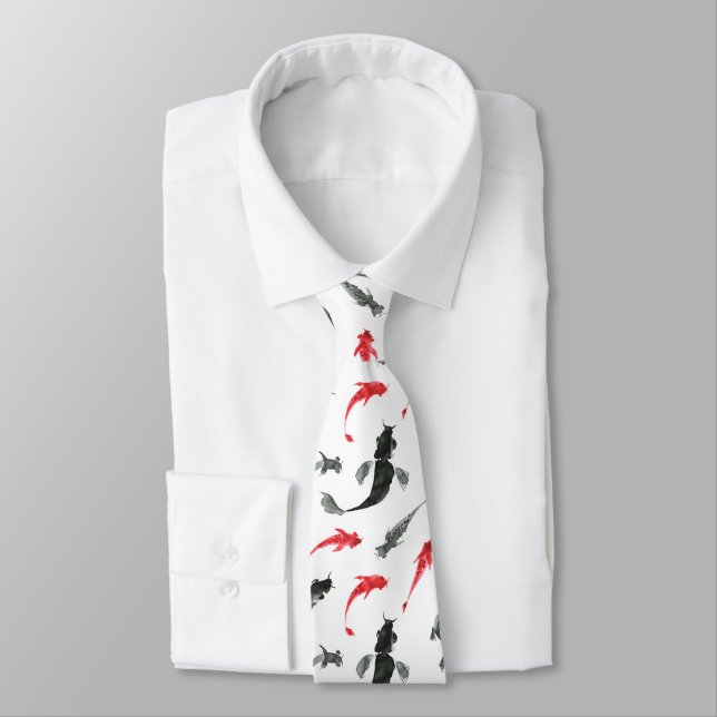 Red and grey fish, Sumi-e Japanese ink painting Tie (Tied)