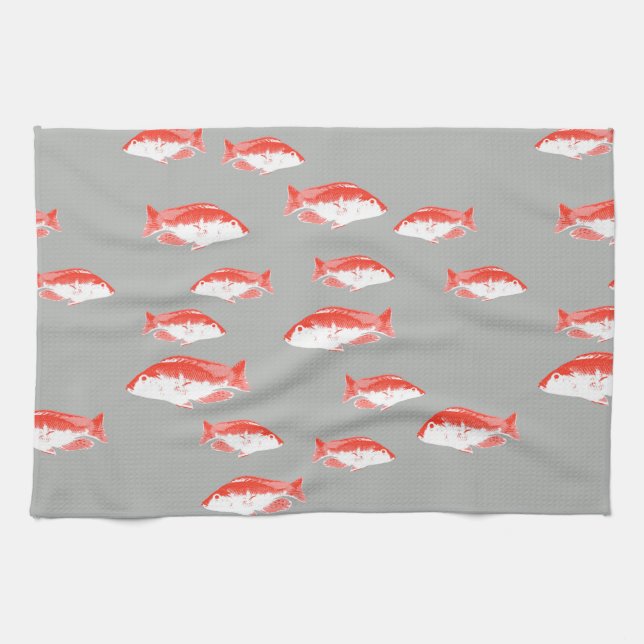 Red and grey fish tea towel (Horizontal)