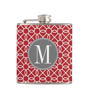 Red and Grey Geometric Pattern Monogram Hip Flask