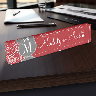 Red and Grey Geometric Pattern Monogram Nameplate