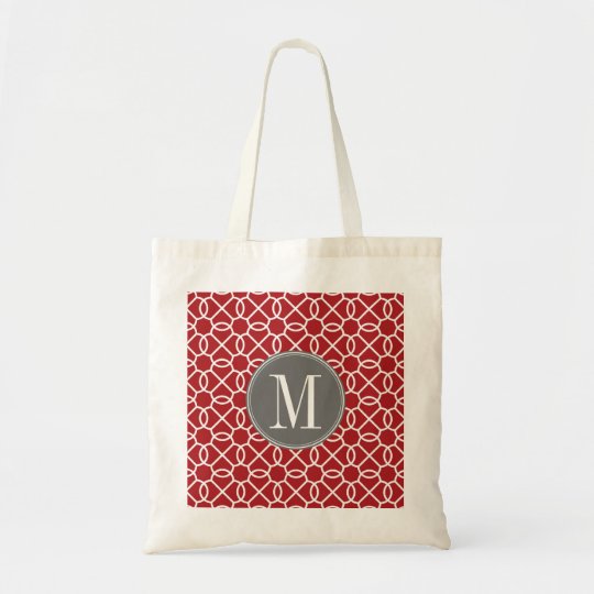 Red and Grey Geometric Pattern Monogram Tote Bag