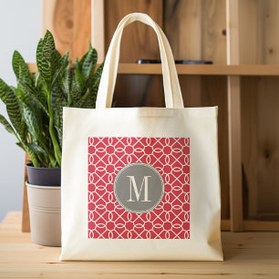 Red and Grey Geometric Pattern Monogram Tote Bag