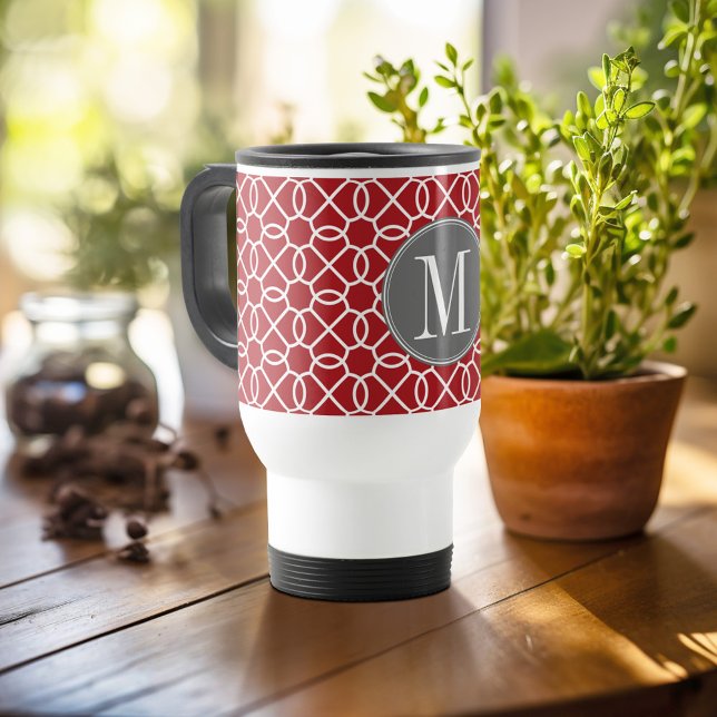 Red and Grey Geometric Pattern Monogram Travel Mug (Personalized travel mug - add photos and text or customize completely)