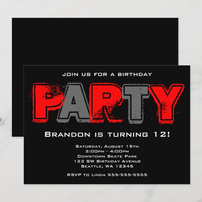 Red and Grey Grunge Birthday Party Invitation (Front/Back)