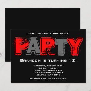 Red and Grey Grunge Birthday Party Invitation