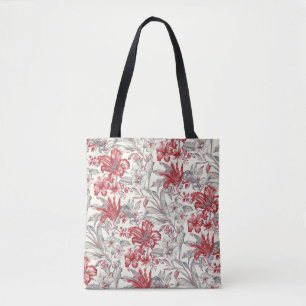 Red and Grey Hibiscus  Tropical Floral Toile Tote Bag