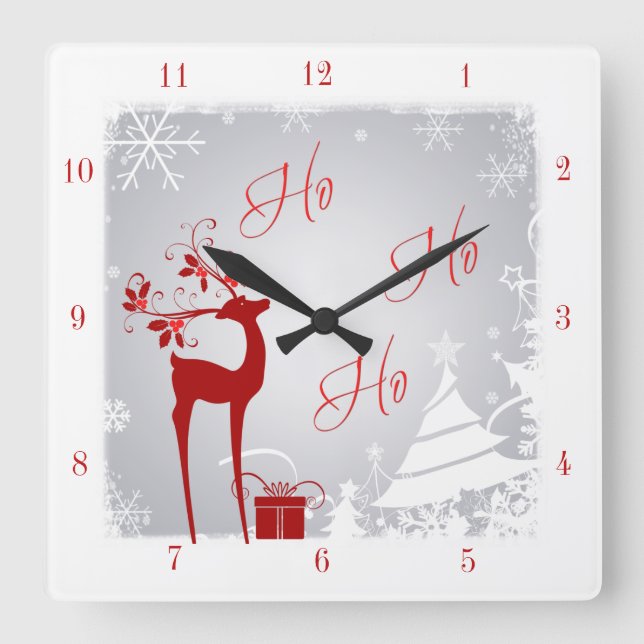 Red and Grey Ho Ho Ho Christmas Clock with Deer (Front)