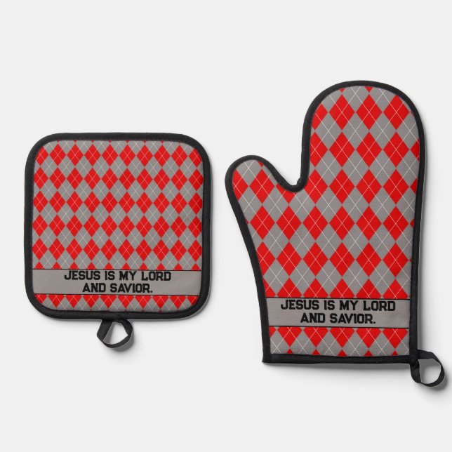 Red And Grey Jesus Is My Saviour  Oven Mitt & Pot  Holder Set (Front)