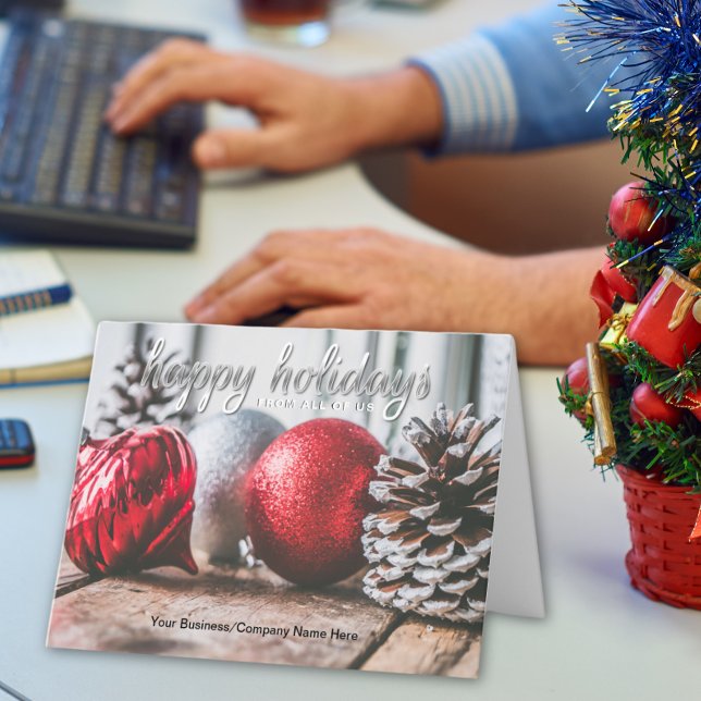 Red and Grey Ornaments Christmas Holiday Card (Elegant red and gray ornaments create a warm, classic holiday greeting.)