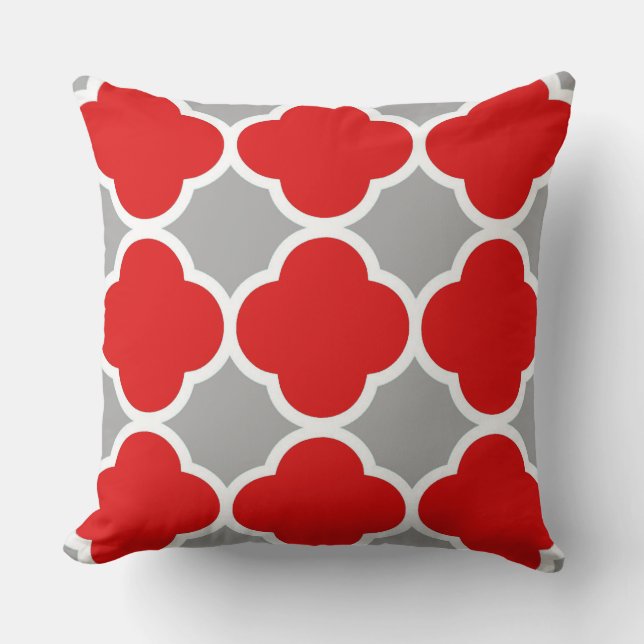 Red and Grey Quatrefoil Pattern Cushion (Front)