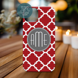 Red and Grey Quatrefoil Pattern Monogram iPhone 15 Case