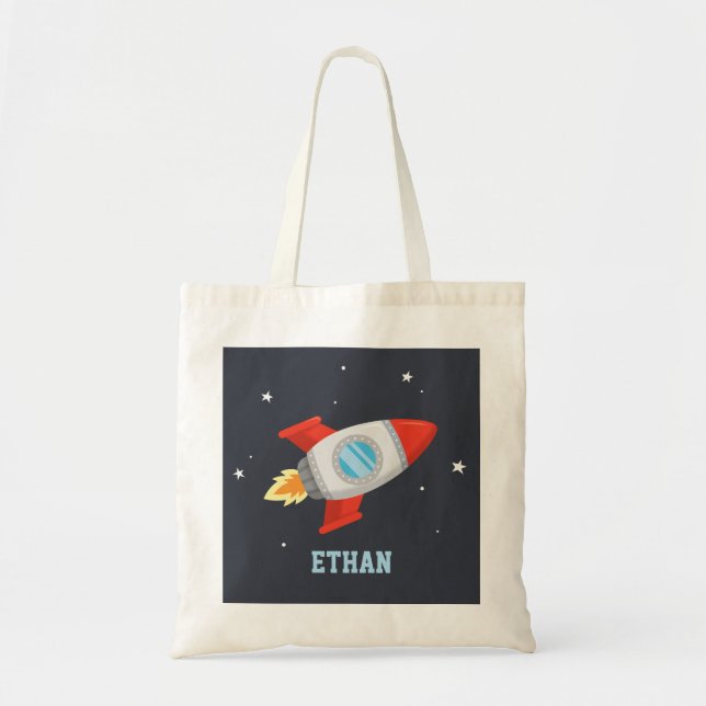Red and Grey Rocket Blasting Off In Space Tote Bag (Front)