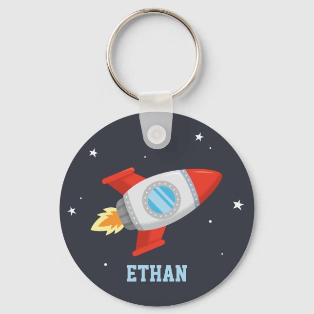 Red and Grey Rocket In Space, Kids Name Key Ring (Front)