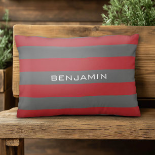 Red and Grey Rugby Stripes with Custom Name Decorative Cushion