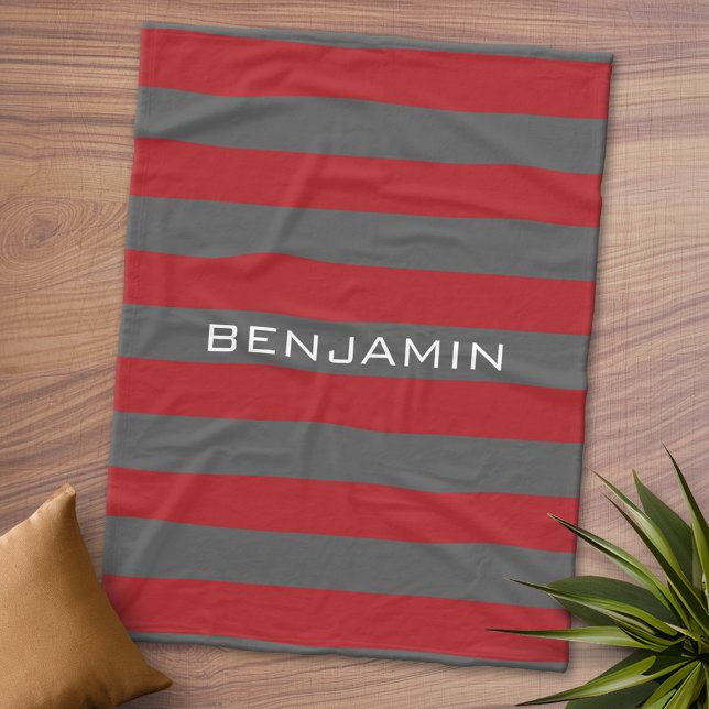 Red and Grey Rugby Stripes with Custom Name Fleece Blanket (Personalized Fleece Blanket - Add Photos and Text)