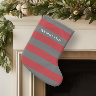 Red and Grey Rugby Stripes with Custom Name Large Christmas Stocking