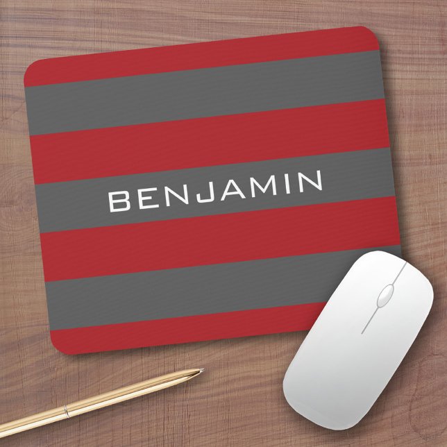 Red and Grey Rugby Stripes with Custom Name Mouse Mat (Custom mouse pads)