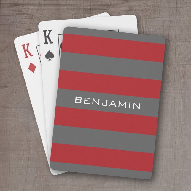 Red and Grey Rugby Stripes with Custom Name Playing Cards (Personalized playing cards - sporty, preppy stripe pattern with name. Great gift for the guys!)