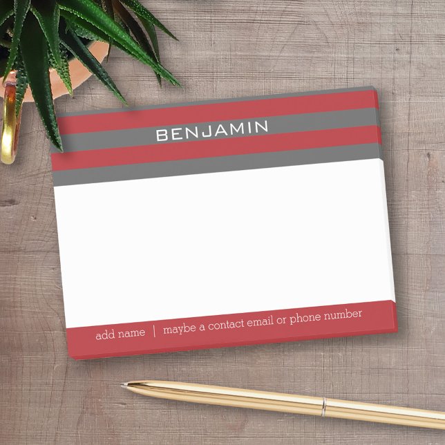 Red and Grey Rugby Stripes with Custom Name Post-it Notes (Personalized Post-It Notes - add name or other text)