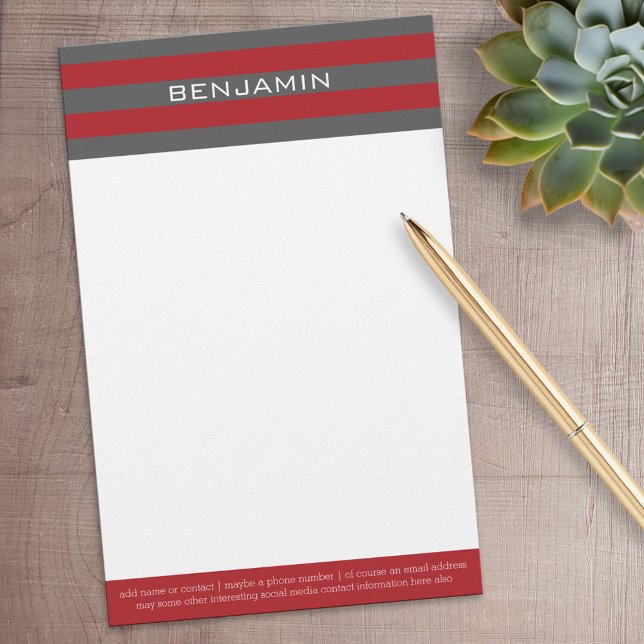 Red and Grey Rugby Stripes with Custom Name Stationery (Personalized Stationery)
