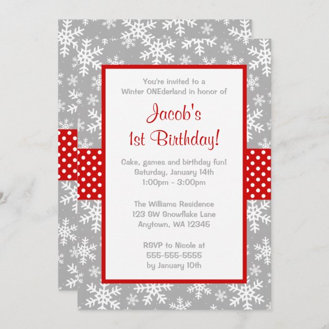 Red and Grey Snowflakes Winter Onederland Invitation (Front/Back)