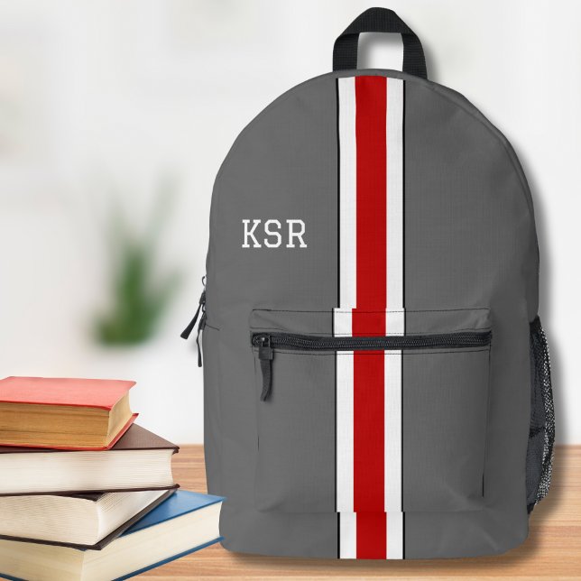 Red and Grey Stripe College Colours Monogram Printed Backpack (Creator Uploaded)