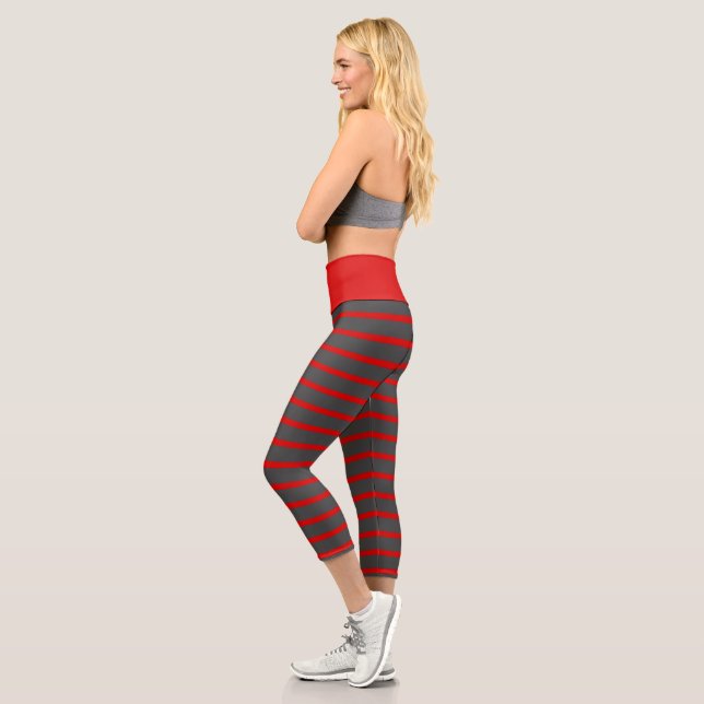 Red and Grey Stripes Capri Leggings (Left)